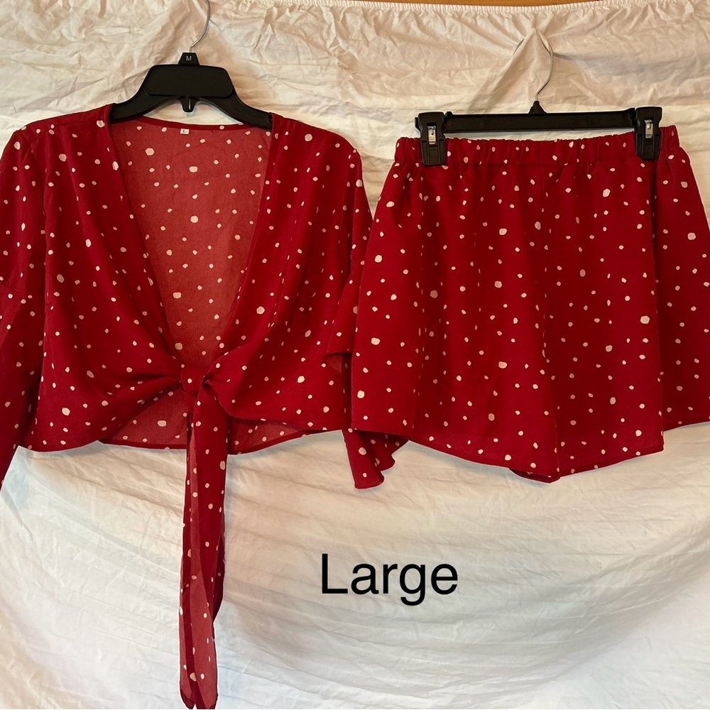 SHEIN Red and White Polka Dot Tie-Front Set